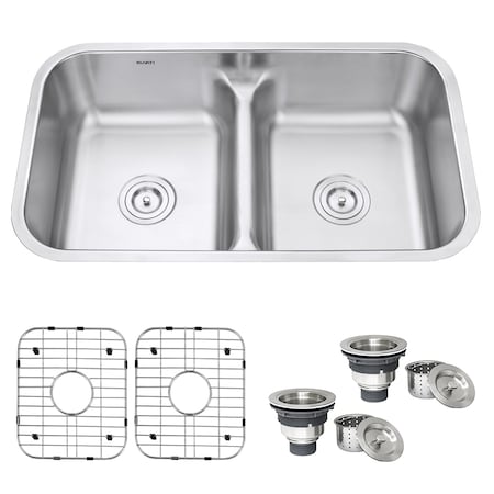 Ruvati 32" Low-Divide 50/50 Double Bowl Undermount 16 Gauge SS Kitchen Sink RVM4350